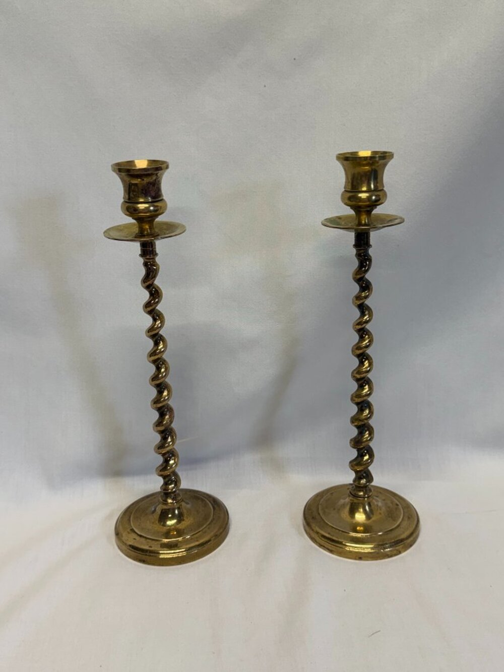 Vtg Mid-Century Brass Barley Twist Candlesticks 10.5" Pair Removable Drip Pans